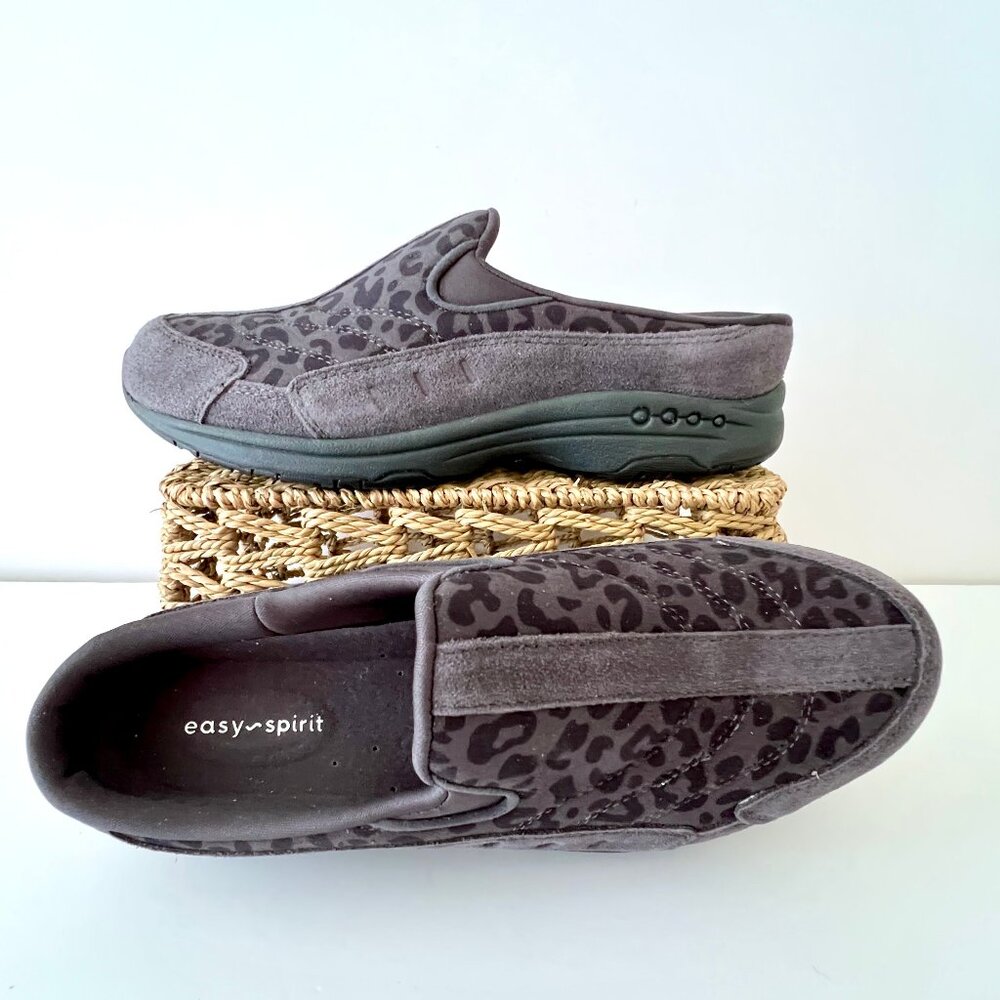 New Easy Spirit Traveltime Gray with Leopard Print Slip-On Mule Sneakers, Sz 10